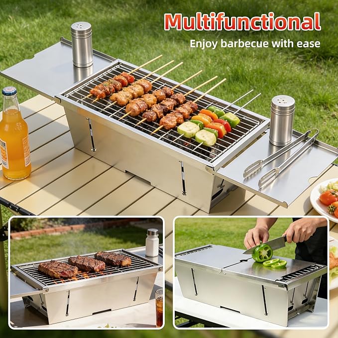 Portable Charcoal Grill, Uten Stainless Steel Foldable Barbecue with Carry Bag & Side Tables, Lightweight for Camping, Tailgating, Beach, Picnic (19.1" x 8.7")