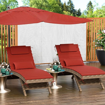 2 Sets of Outdoor Water-Resistant Olefin Chaise Lounge Cushions with Headrest and Pillow, Weather and Fade Resistant Foldable Quilted Lounge Chair Pads with Straps, Red, 73" L x 22" W