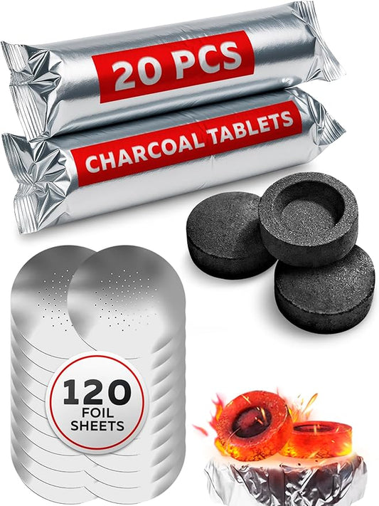 Hookah Bundle - 20 pcs Hookah Charcoal & 120 pcs Hookah Foil with Holes - 33 mm Quick Light Charcoal Tablets & 4 mil Thick Sisha Foil Sheets - 100% Natural Hooka Coals - Burns Up to 60 min
