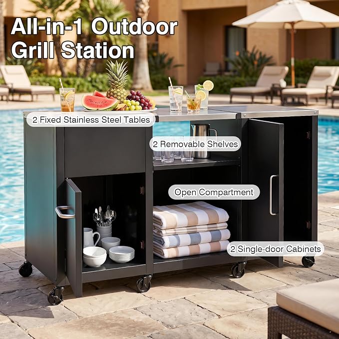 HAPPYGRILL 59” Outdoor Grill Table w/2 Removable Shelves & Storage Cabinets | Heavy-duty BBQ Prep Station w/ Stainless Steel Top, Lockable Universal Wheels, Suitable for Gas Grills & Charcoal Griddles