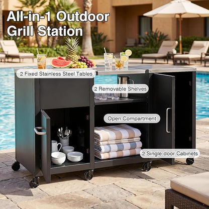 HAPPYGRILL 59” Outdoor Grill Table w/2 Removable Shelves & Storage Cabinets | Heavy-duty BBQ Prep Station w/ Stainless Steel Top, Lockable Universal Wheels, Suitable for Gas Grills & Charcoal Griddles