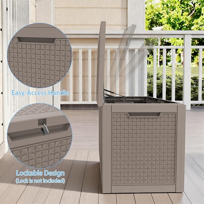 Pepe Tee Outdoor Deck Box, Lockable Waterproof Resin Storage Container with Wood-Look Design, 30 Gallon, Black (coffee, 101, Gallons)