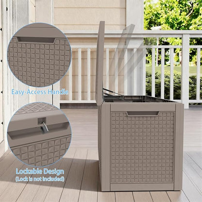 Pepe Tee Outdoor Deck Box, Lockable Waterproof Resin Storage Container with Wood-Look Design, 30 Gallon, Black (coffee, 101, Gallons)