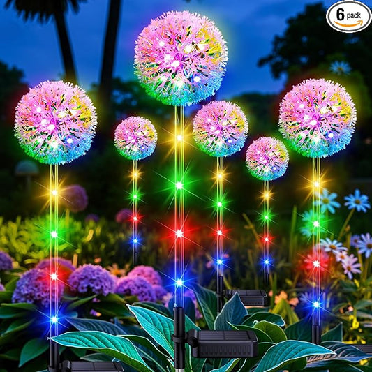 WdtPro Solar Lights Outdoor Garden Decor, 6 Pack Solar Flower Lights, 2 Modes Colorful Dandelion Light, Brighter Waterproof Decorative Garden Lights for Yard, Patio, Flower Bed, Unique Gifts for Women