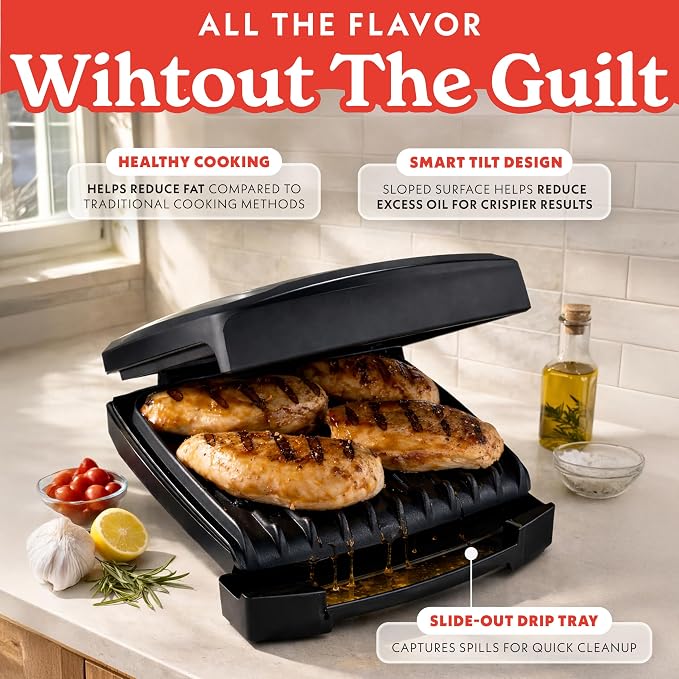 Gourmia Indoor Grill & Panini Maker – 4 Serving Contact or Open Grill, Nonstick Ceramic, Preheat Indicator Light, Slope Design with Removable Dishwasher Safe Drip Tray