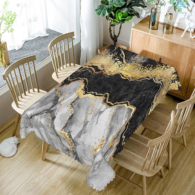 60x108inches Black Marble Rectangle Tablecloth Abstract Black Grey Golden Crack Luxury Marble Tablecloth Washable Polyester Table Covers for Dining Table Buffet Parties Indoor Outdoor Use