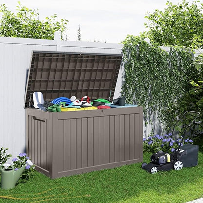 280 Gallon Outdoor Storage Box Waterproof - Outside Resin Deck Box, Lockable Storage Bin for Patio Furniture,Garden Tools,Cushions,Pool Accessories(Grey)