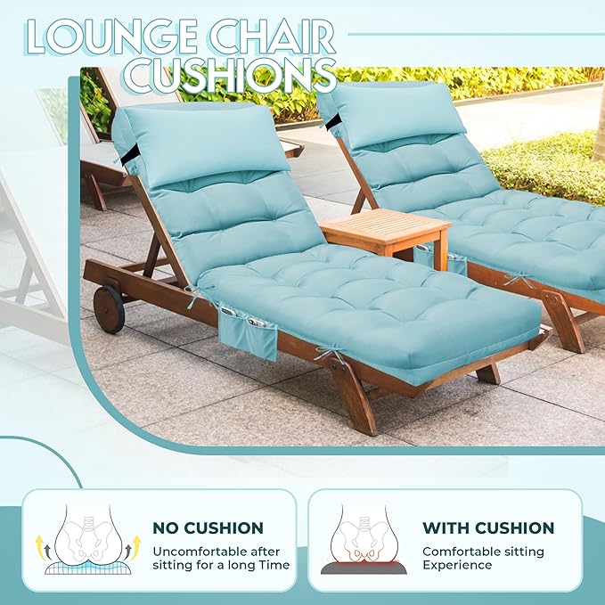 Outdoor Chaise Lounge Chair Cushion, Waterproof Outdoor Chair Cushions for Patio Furniture, 71 x 21 x 4 Inches Replacement Chaise Lounge Cushion with Ties (Teal)