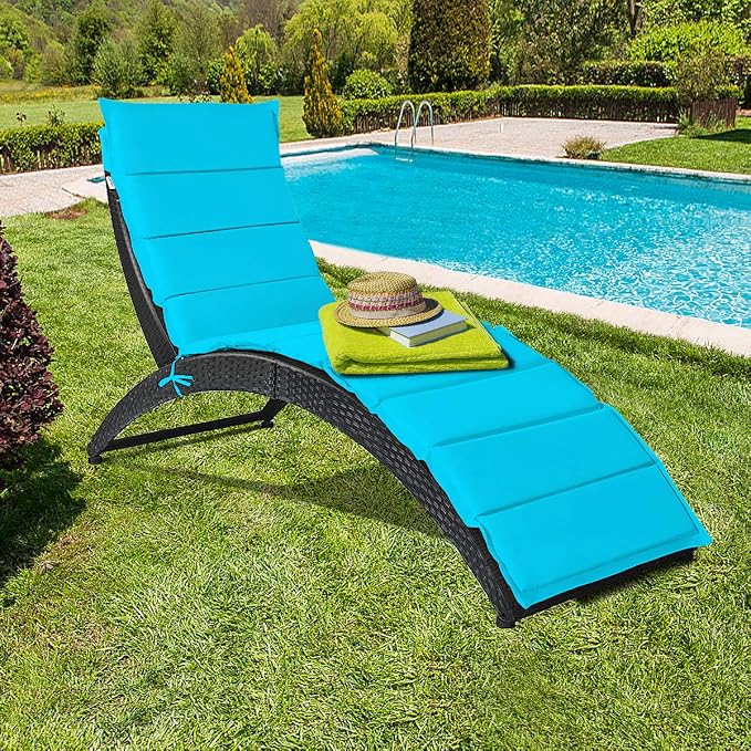 Tangkula Foldable Patio Lounge Chair, Outdoor Rattan Lounger Chaise, Portable Patio Chaise with Cushion, All-Weather Wicker Furniture for Garden Lawn Balcony Backyard Poolside (1, Turquoise)