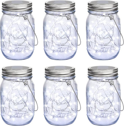 Mason Jar Solar Lights -30 LED, 6 Pack Hanging Lantern, Cool White | Waterproof, Solar Powered Fairy Lights for Indoor Outdoor Garden Patio Pathway Backyard Decor