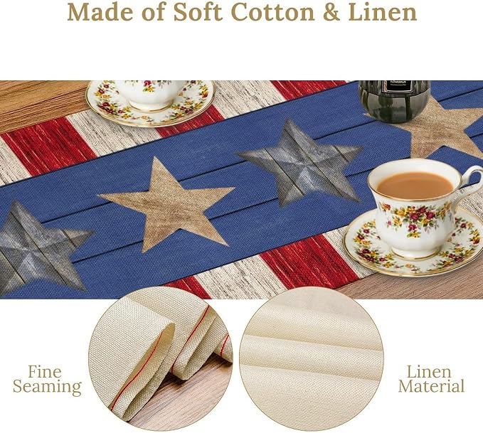 4th of July Memorial Day Table Runner, American Flag Stars Stripe for Home Kitchen Restaurant Holiday Kitchen Dining Table Decorations for Home Party Decor 13 x 60 Inch