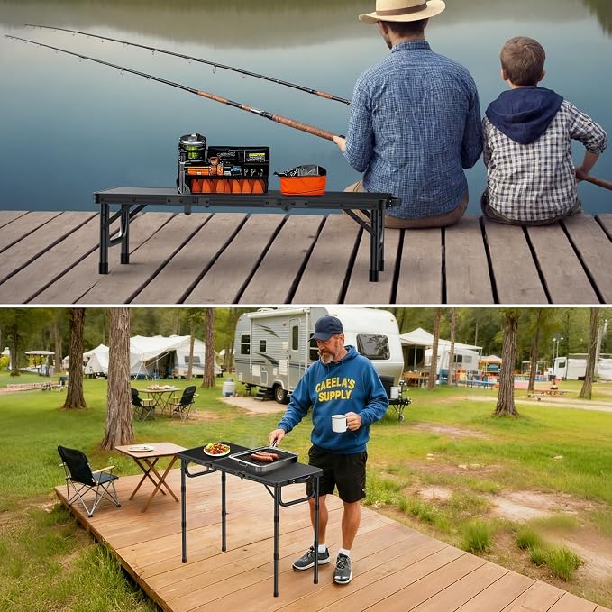 VINTEAM Tri-Folding Camping Table with 3 Adjustable Heights, Lightweight Portable Outdoor Picnic BBQ Table, Black Aluminum Folding Grill Table for Camping, RV, Beach, Fishing & Backyard