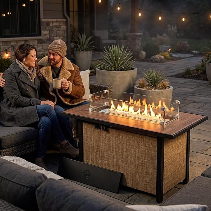 Nuu Garden 43 Inch Propane Fire Pit Table CSA Listed 50000 BTU Gas Fire Pit with Lid Glass Wind Guard and Fire Glass Beads 2 in 1 Rectangular Outdoor Fire Table for Patio Backyard Light Brown
