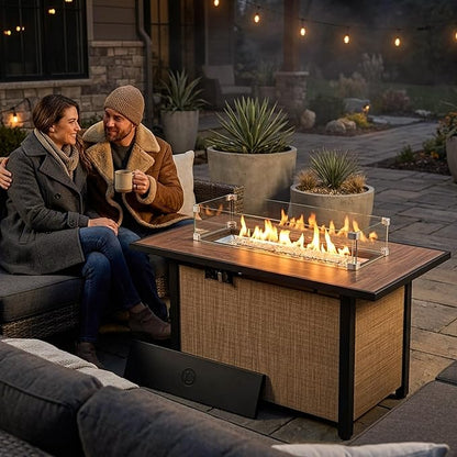 Nuu Garden 43 Inch Propane Fire Pit Table CSA Listed 50000 BTU Gas Fire Pit with Lid Glass Wind Guard and Fire Glass Beads 2 in 1 Rectangular Outdoor Fire Table for Patio Backyard Light Brown