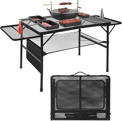Folding Matel Grill 4.4 FT Camping Table with 2 Wing Panels | Height Adjustable Metal Outdoor Table with Mesh Desktop and Mesh Bag, Picnic, Beach and BBQ, Party