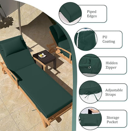 Chaise Lounge Cushions Outdoor Set of 2 Lounge Chair Cushion 72" L x 21" W with Headrest Straps 3'' Thick Waterproof Patio Chaise Cushions Pool Lounger Chair Cushion(Dark Green)