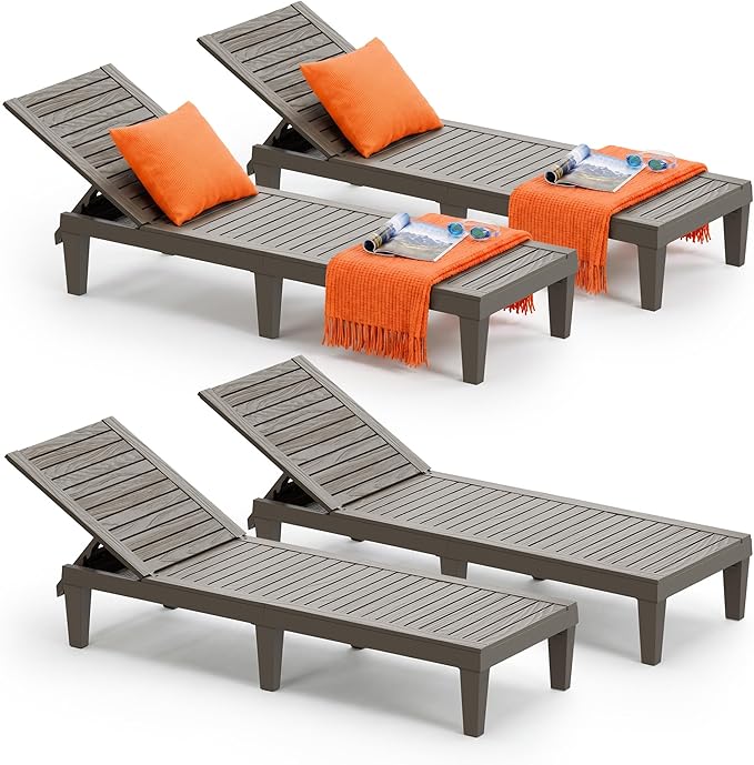 Outdoor Chaise Lounge Chairs Set of 4, 5-Position Adjustable Heavy Duty Tanning Loungers with Wood Texture, All-Weather Resin Patio Recliners for Pool, Garden, Deck, Beach, Grey