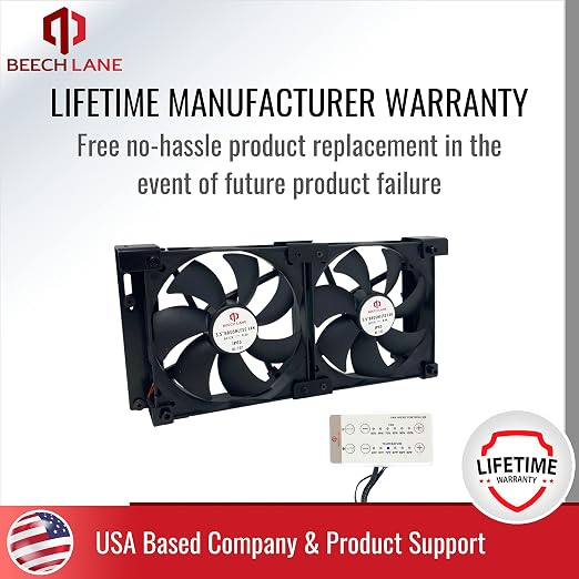 Beech Lane 12V RV Fridge Ventilation Cooling Fan 5.5" (140mm), Custom Mounts For American RV Side Vents, Adjustable Temperature Settings, High-Tech Remote With Manual/Auto Modes, Waterproof