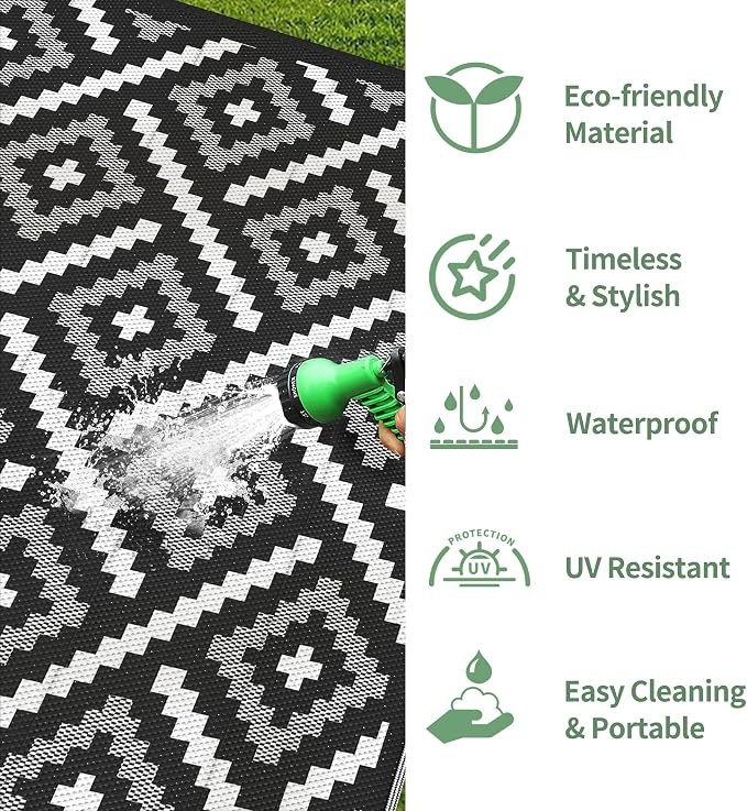 GENIMO Outdoor Rug, Waterproof Plastic Rugs for Patio, 6'x9' Ink White | Outside Larger Modern Carpet Mat for Porch Decor, Deck, Balcony, Camping, RV, Backyard, Picnic, Beach, Reversible, Foldable