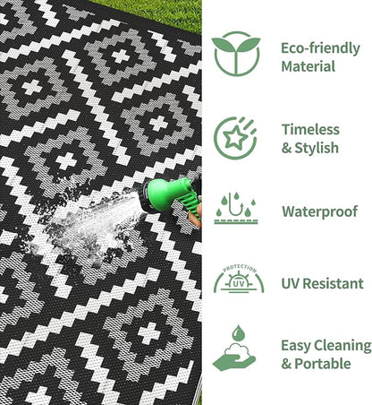 GENIMO Outdoor Rug, Waterproof Plastic Rugs for Patio, 6'x9' Ink White | Outside Larger Modern Carpet Mat for Porch Decor, Deck, Balcony, Camping, RV, Backyard, Picnic, Beach, Reversible, Foldable