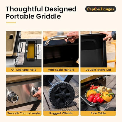 Captiva Designs 17 Inch 2 Burner Portable Propane Gas Griddle Grill with Lid, Outdoor Foldable Flat Top Grill with Stand for Barbecue, Camping and Tailgating