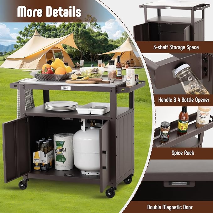 Feasto Outdoor Grill Cart with Stainless Steel Tabletop and Storage Cabinet, Movable Kitchen Island with Wheels for BBQ Food Prep, Brown