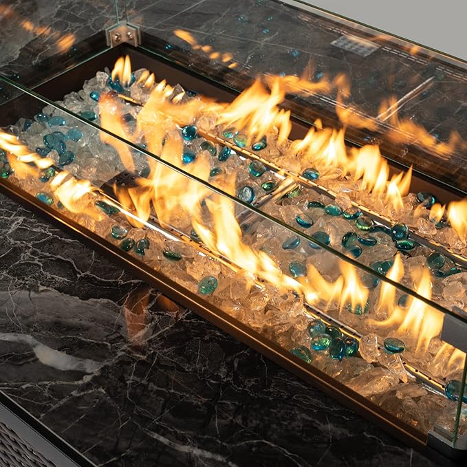 44" Outdoor Propane Fire Table, 50,000 BTU Gas Fire Pit with Ceramic Tile Top, PU Rattan Base, Tempered Glass Wind Guard, Lid & Waterproof Cover, Rectangular Patio Firepit for Backyard, Deck & Garden