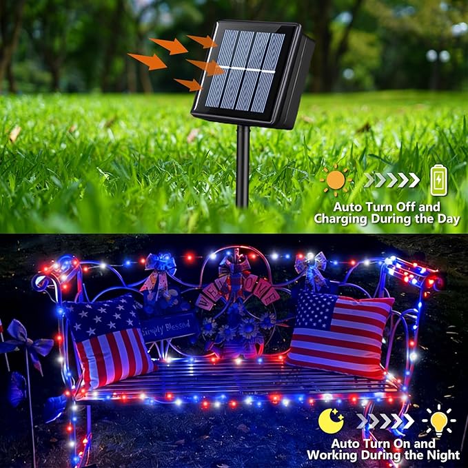 YEGUO 4 Pack Red White and Blue Solar Lights, Each 33ft 100 LED 4th of July Solar Fairy Lights Outdoor Waterproof, 8 Modes Sliver Wire Patriotic String Lights for Independence Memorial Day Decoration