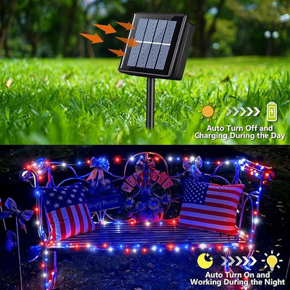 YEGUO 4 Pack Red White and Blue Solar Lights, Each 33ft 100 LED 4th of July Solar Fairy Lights Outdoor Waterproof, 8 Modes Sliver Wire Patriotic String Lights for Independence Memorial Day Decoration