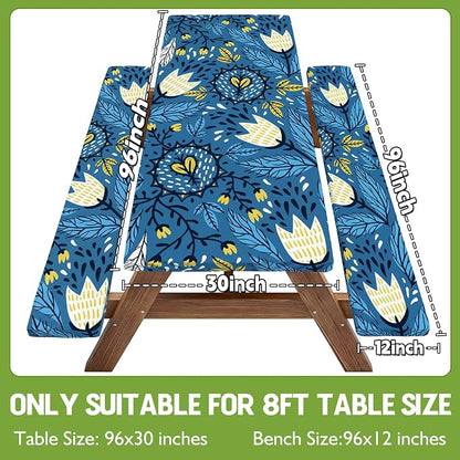 Picnic Table Cover with Bench Covers Waterproof Elastic Rectangle Tablecloth Camping Essentials Supplies Rv Car Travel Gear Must Haves Accessories Fitted Table Cloth Outdoor Road Trip Camper Gifts 8ft