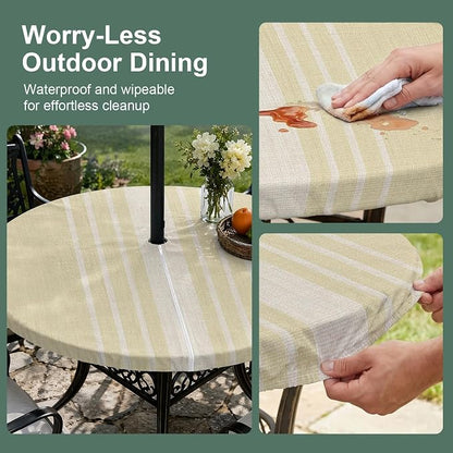 Outdoor Fitted Tablecloth with Umbrella Hole and Zipper, Vintage Yellow Beige Striped Elastic Round Patio Table Cover, Farmhouse Retro Lines Modern Table Protector for Backyard BBQ Party 31''-35''