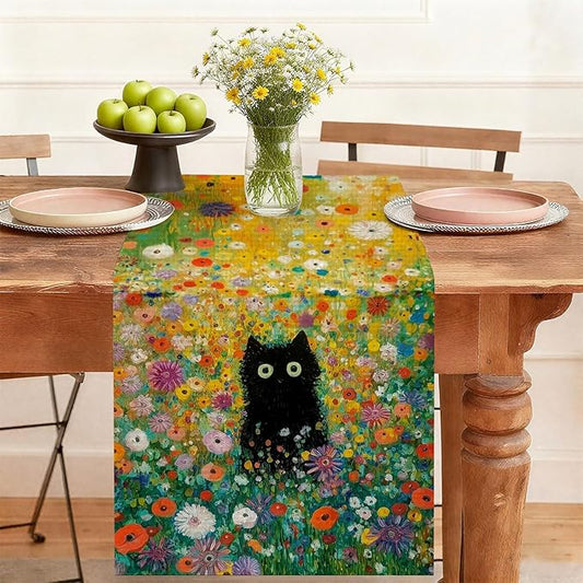 Cat Floral Table Runner,Dining Decor for Kitchen Coffee Table Family Dinners Holiday Parties Wedding Events Decor(13x72 inch)