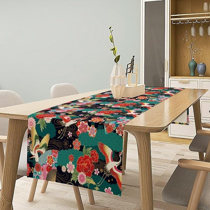 Japanese Crane Table Runner Oriental Vintage Asian Chinese Traditional Florals Dinner Runner for Farmhouse Kitchen Dinner Table Party Decoration 13x90in