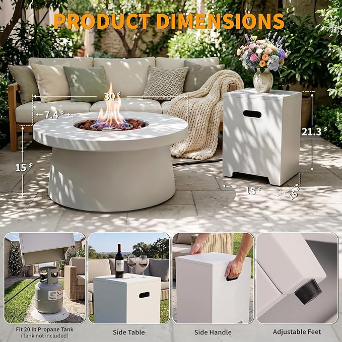 HOTEAGLE 30" Outdoor Propane Fire Pit Table w Tank Table, 50000 BTU CSA Certified Round Iron Gas Fire Pit, Removable Lid, Lava Rocks and Rain Cover for Patio Backyard Garden Pool
