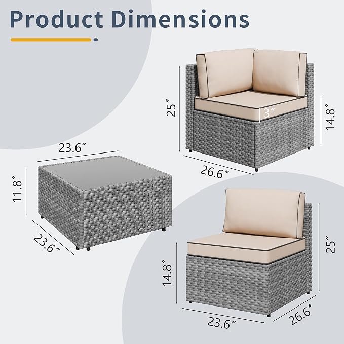 SUNLEI 5pcs Patio Outdoor Furniture Sets Conversation Set,Low Back All-Weather Rattan Sectional Sofa with Tea Table&Washable Couch Cushions(Silver Rattan)（Khaki）