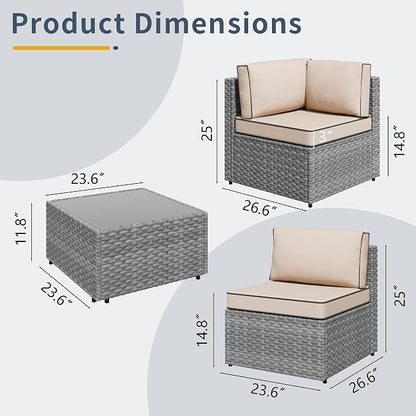 SUNLEI 5pcs Patio Outdoor Furniture Sets Conversation Set,Low Back All-Weather Rattan Sectional Sofa with Tea Table&Washable Couch Cushions(Silver Rattan)（Khaki）
