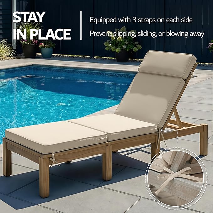 72 x 21 Inch Outdoor Chaise Lounge Cushions Set of 2 - Removable Cover, 4-Section Design, Water-Repellent & Fade-Resistant, 6 Tie Straps, Replacement for Patio & Pool Chairs - Cream