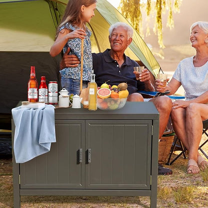 Domi Grill Carts Outdoor with Storage, Outdoor Kitchen Series with Whole Aluminum Finish & Countertop & Storage Space & Protective Cover, BBQ Grill Table for Deck Patio, Dark Gray