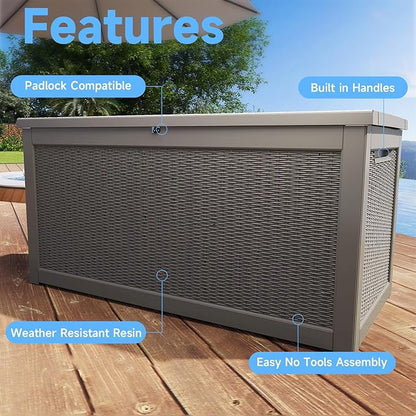 Pepe Tee Waterproof Resin Deck Box, Outdoor Storage Bin for Patio Furniture Cushions, All-Weather Garden Organizer & Seating Bench, Coffee