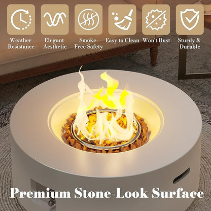 32.5 Inch Propane Fire Pit Table, 50,000 BTU Round Patio Fire Pit Table Outdoor, CSA Certified, Stainless Burner with Steel Lid, Waterproof Cover & Lava Rocks, for Garden Backyard, White