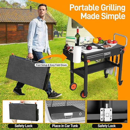 Heavy Duty Folding Grill Cart with Cover & Wheels | Compatible with 17/22" Blackstone Griddle, Mobile Outdoor Grill Stand with Large Storage for Camping, RV & Backyard Parties