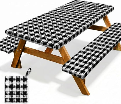 Picnic Table Cover with Bench Covers Windproof Waterproof Picnic Table Covers Camping Tablecloth with Self-Storage Bag, 72in, Black White