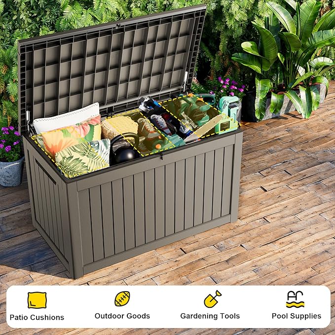 280 Gallon Large Outdoor Storage Box Waterproof, UV Resistant Resin Deck Box with Hydraulic Rod & Lockable Latch for Patio Furniture, Outside Storage Box for Garden Tools, Patio Cushions, Gray