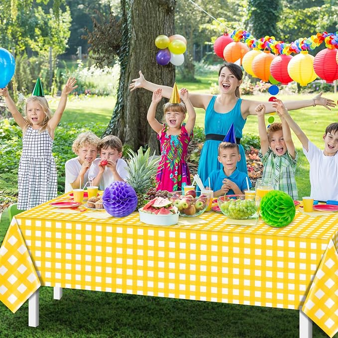 3 Pcs Yellow Gingham Tablecloths, Checkered Party Table Covers 54x108 Inch | Yellow and White Checkered Tablecloths, Disposable Waterproof for Summer Picnic Camping Barbecue Birthday Party