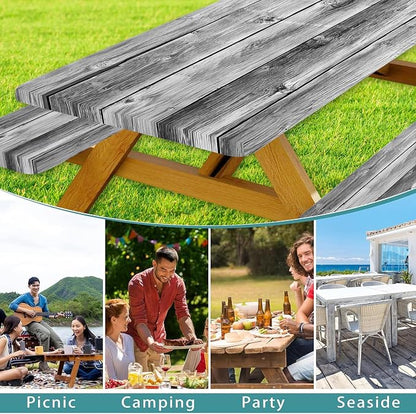 Vintage Wooden Picnic Table Cover with Bench Covers and Bag, Camping Essentials, Gray Wood Camping Table Cover with Elastic Edges for Indoor, Outdoor, Garden, 3 Pcs, 30x60 Inch