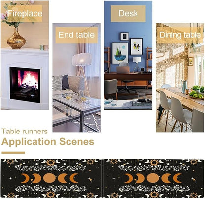 Boho Moon Phase Flower Kitchen Table Runner Non-Slip Rectangle Kitchen Black Bohemian Floral Printed Pattern for CoffeeDiningPartyWedding Table 13x108Inch