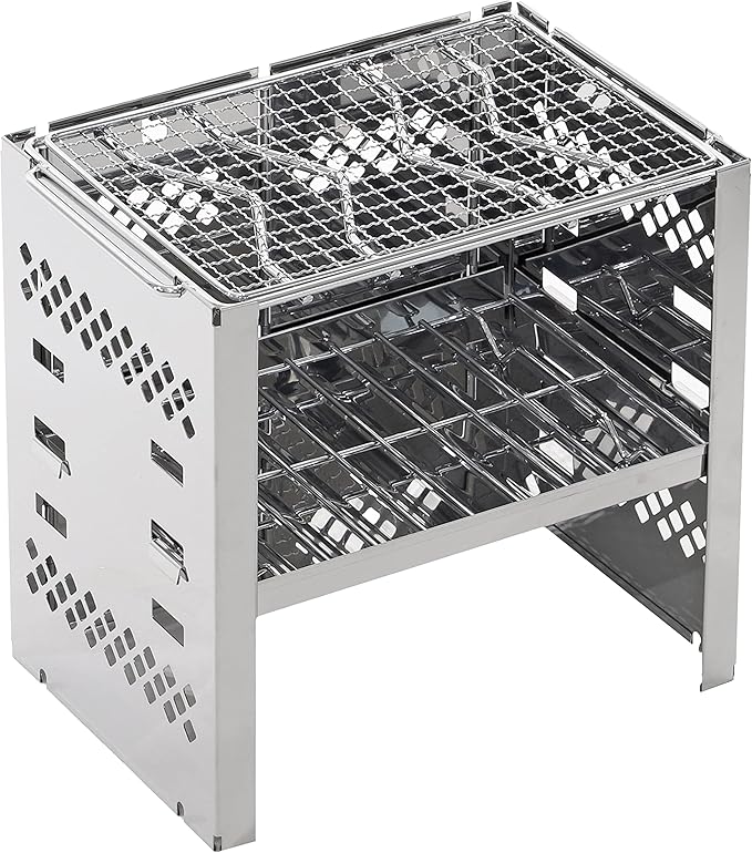Captain Stag UY-7021 3-in-1 Barbecue Stove, Collapsible Kamado Grill, 3 Adjustable Heights, Stainless Steel, Bag Included, Silver