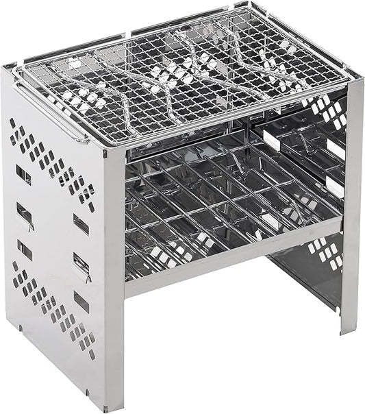 Captain Stag UY-7021 3-in-1 Barbecue Stove, Collapsible Kamado Grill, 3 Adjustable Heights, Stainless Steel, Bag Included, Silver