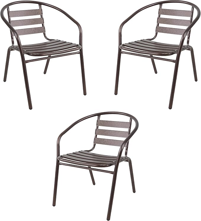 BTEXPERT Indoor Outdoor 23.75" Restaurant Stainless Steel Aluminum Metal Slat Stack Commercial Lightweight, 3 Chairs with a Square Table, Silver/Bronze