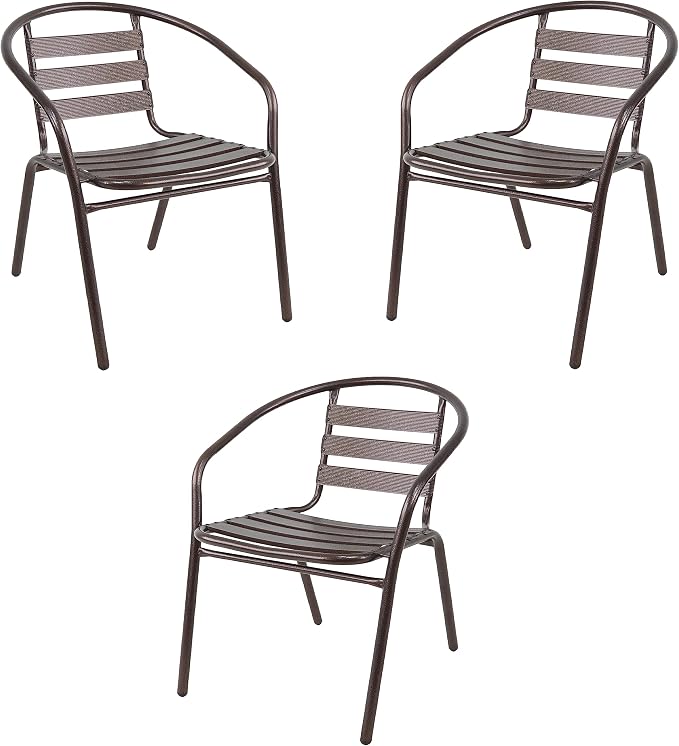 Indoor Outdoor 23.75" Restaurant Stainless Steel Aluminum Metal Slat Stack Commercial Lightweight, 3 Chairs with a Round Table, Silver/Bronze